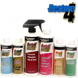 Restore 4 Kit, $26.95, Restore 4 breathes new life into fiberglass, porcelain, terrazzo, ceramic tile and grout. Will effectively penetrate and dissolve hard water stains, rust, calcium buildup, limescale, soap film and dirt