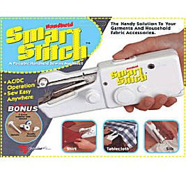 Smart Stitch Sewing Machine, $10.95, Smart Stitch is the portable handy solution to your garments and household fabric accessories. Smart Stitch is a small, portable device that allows you to fix tears and rips quickly